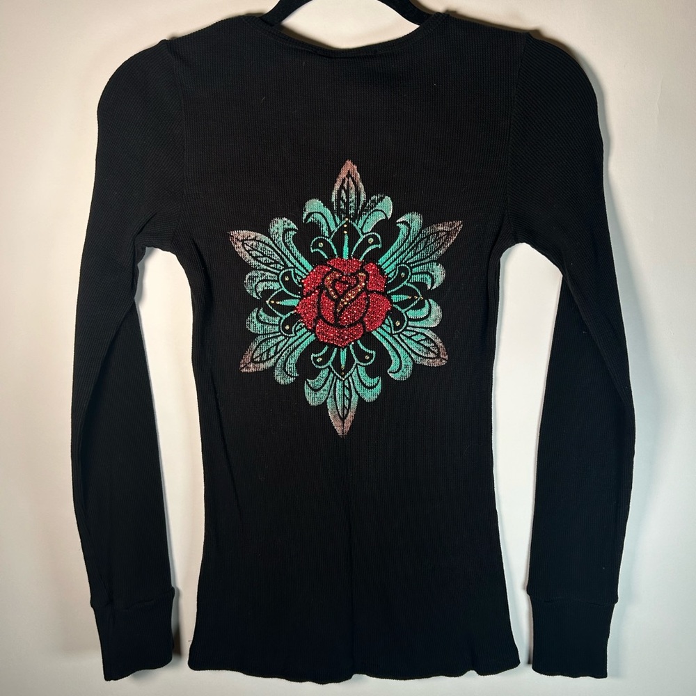 Vintage Rhinestone Rose w/ Green Floral Details Long Sleeve Black Thermal Tee